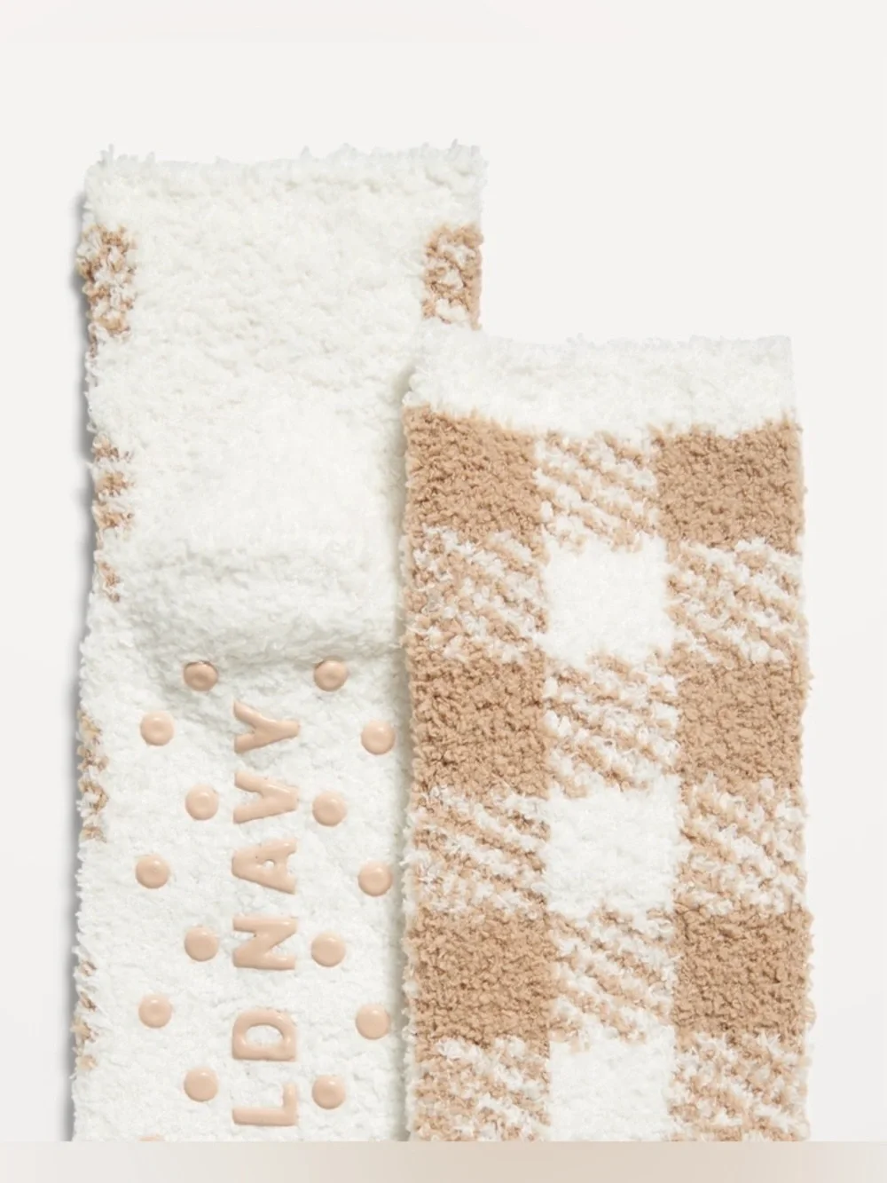 Old Navy Kids Fuzzy Plaid Slipper Socks Cream Tan Non Slip NWT